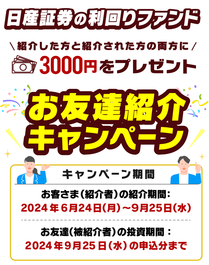 日産証券の利回りファンドお友達紹介キャンペーン|紹介した方と紹介された方の両方に3000円をプレゼント|キャンペーン期間：お客さま（紹介者）の紹介期間2024年6月24日（月）～9月25日（水）、お友達（被紹介者）の投資期間2024年9月25日（水）の申込分まで